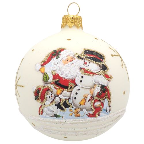 Glass Bauble SANTA creme 8cm